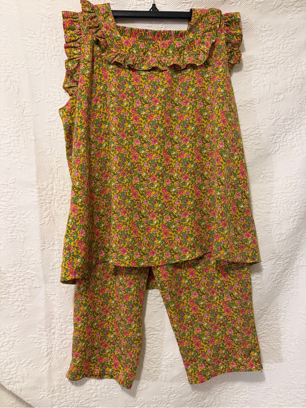 Cute Floral Pajama Set Women's S Yellow Pink Ruffle Pockets Lounge Sleepwear